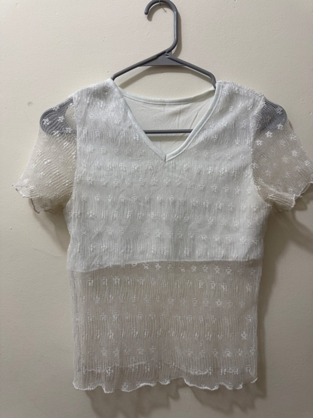 Semi-Sheer V-Neck Short Sleeve Blouse in Ivory